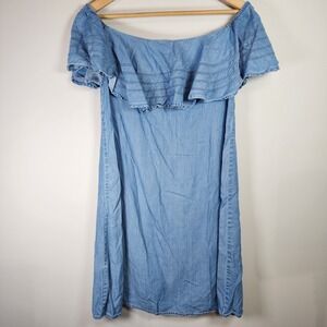 RESERVED BY ZARA Denim Off Shoulder Dress Womens Size 4‎ Ruffle BOHO Sexy Beachy